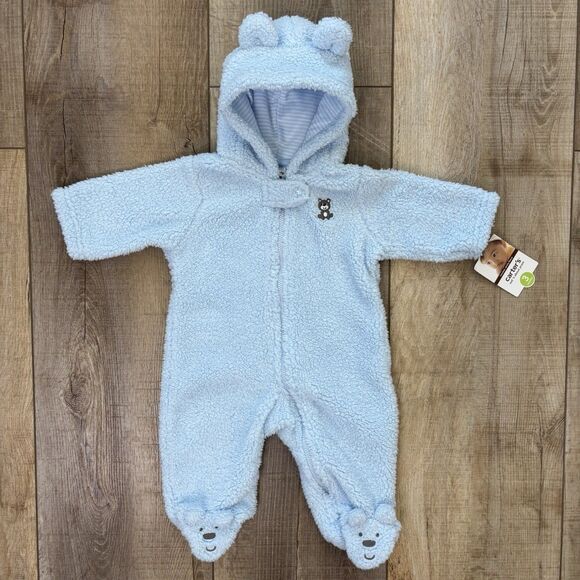 Carter's Other - Carter's Baby Boy Bear Pram 3 Month Blue Fuzzy Hooded Comfy Fleece Outdoor Warm
